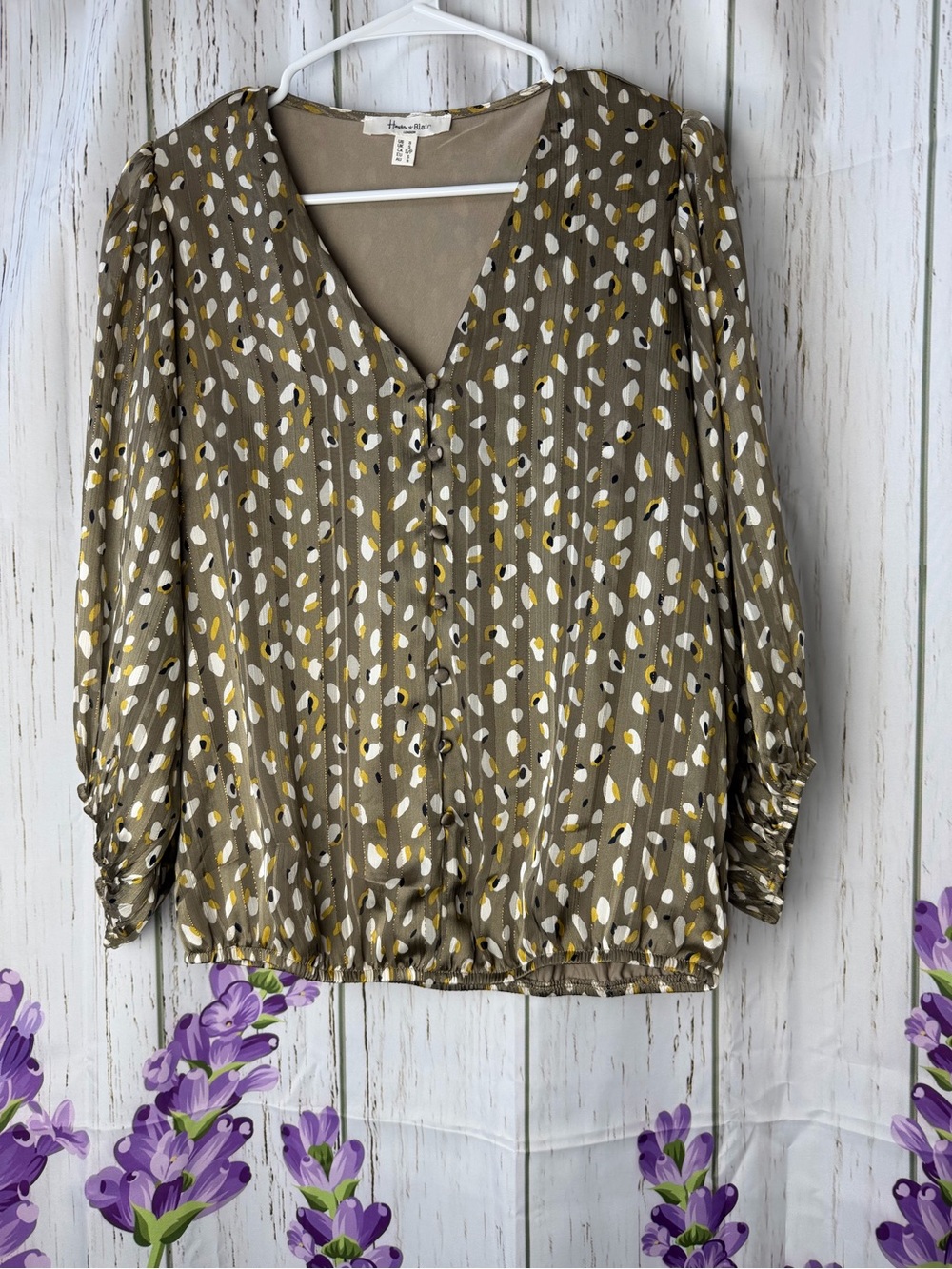 Maeve Olive Button-Front V-Neck Blouse with Abstract Dot Print